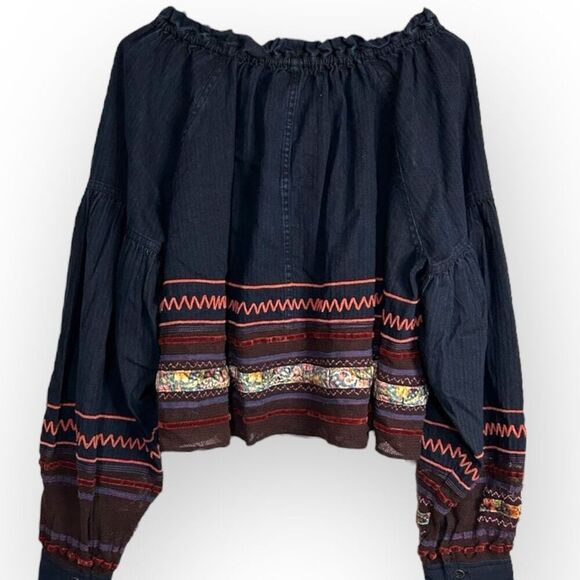 We the Free People Katie Denim Top Embroidered Peasant Tie Velvet & Mesh Trim M - Picture 6 of 13